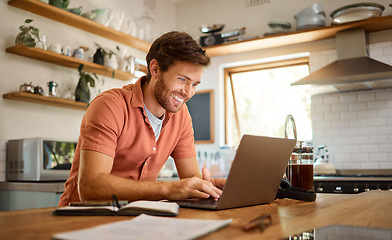 Image showing Smile, laptop and remote work, happy man at kitchen counter with app for email, social media or networking for online job. Technology, communication and freelancer on internet writing blog or article