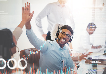 Image showing High five, call center and people smile in overlay with graphs, statistics and data. Telemarketing, success and celebration of man and woman in double exposure for teamwork, sales goal or achievement