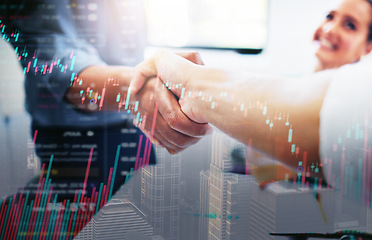 Image showing Business people, handshake and collaboration for partnership on overlay in city. Shaking hands, deal and employees with agreement on double exposure with graph data for acquisition, b2b and welcome.