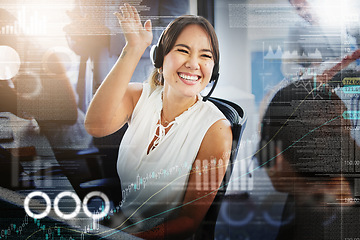 Image showing Call center, high five and happy people in overlay with graphs, statistics and data. Telemarketing, success and celebration of man and Asian woman in double exposure for teamwork, sales or lens flare