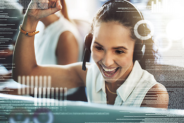 Image showing Call center achievement, overlay and a woman with a computer for trading and online progress or success. Happy, digital and a customer service employee excited about web support or telemarketing win