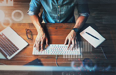 Image showing Digital hologram, man typing on keyboard with technology and social network connection for online communication. Data analysis or laptop, programming and top view hand of male person write an email