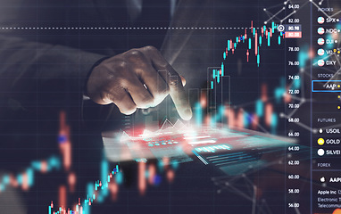 Image showing Tablet, overlay and hand of businessman on stock market, trading with data and statistics of finance, investment or profit. Mobile app, growth of money and hologram of graphs, information or fintech