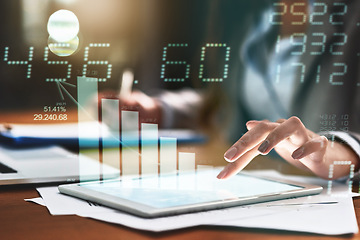 Image showing Accounting, overlay and hand with tablet at night for stats, research or communication at a desk. Digital, overtime and accountant typing on technology with data, charts and cgi numbers in the dark