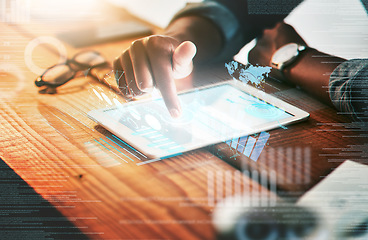 Image showing Hand, tablet and overlay with a business man in a coffee shop for remote work as a freelance employee. Technology, digital and future with a male entrepreneur sitting in a cafe for internet research