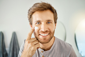 Image showing Bathroom, portrait and happy man with skincare cream for acne treatment, skin hydration or home beauty routine. Face cosmetics, dermatology smile or hygiene person with morning sunscreen application