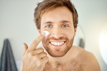Image showing Bathroom, face cream or portrait of happy man with home facial cleaning, morning skincare grooming or male beauty routine. Cosmetology cosmetics, self care and fresh person smile for acne treatment