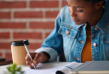 Image showing African woman, writing and documents at startup with information, signature or contract on desk. Girl, pen and paperwork for compliance, insurance and reading for audit, taxes or legal admin at job