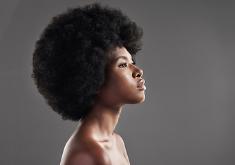 Image showing Skincare, black woman and against a studio background for beauty cosmetics. Confidence or elegance, cosmetology or mock up space and profile of African person for dermatology or with afro in backdrop