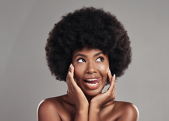 Image showing Black woman, face and tongue out for skincare in studio isolated on a gray background. Natural cosmetics, beauty touch and African female model with spa treatment for aesthetic, wellness and mockup.
