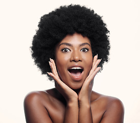 Image showing Face, wow and skincare of black woman in studio isolated on a white background. Natural cosmetics, surprise portrait and African model shocked at transformation, aesthetic or beauty in spa treatment.
