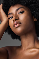 Image showing Black girl, portrait and skincare with cosmetic for self care with dermatology for wellness in closeup. Beauty, makeup and african woman with glowing skin or facial treatment with confidence.