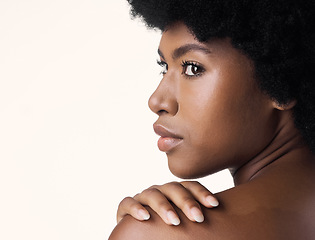 Image showing Black woman, back and skincare for beauty in studio isolated on a white background mockup space. Natural, cosmetics and African female model with spa treatment for aesthetic, wellness or skin health