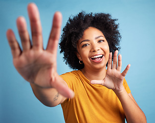 Image showing Black woman, portrait and dance on studio blue background with happy, confidence in college, university with casual style. Girl, smile and excited dancing for fashion, promotion or announcement