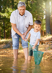 Image showing Camp, grandfather teaching child with fishing net and at river with a lens flare in forest for collaboration. Happy or freedom, support or family and people learning how to fish together at a lake