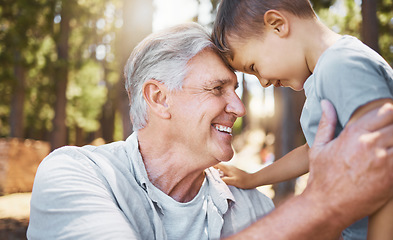 Image showing Family, hiking or camping with a boy and grandfather bonding outdoor in nature together while on an adventure. Spring, travel and face of a senior man with his grandson closeup in the forest or woods