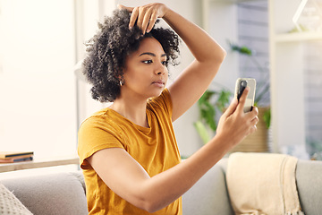 Image showing Girl, couch and video call for conversation at apartment for connection with internet in africa. Lounge, tech and selfie with woman with phone or preparation for talking or online with connection.