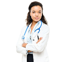 Image showing Doctor portrait, woman and arms crossed with a smile from healthcare and wellness career in studio. Young female worker, isolated and nursing with white background proud and confident from job