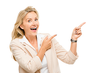 Image showing Portrait, happy and mature woman with hand pointing in studio to wow deal, promo or information on white background. Face, omg and female with timeline, checklist and menu steps, offer or platform