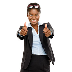 Image showing Thank you, portrait of a businesswoman with thumbs up and in a white background for winner. Feedback or agreement, congratulation or success and African woman with like hand emoji for vote or review