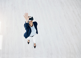 Image showing Business woman, vr headset and metaverse work with professional in office with innovation and mockup. Virtual reality glasses, female employee and above view with ai, 3d and future platform testing