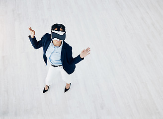 Image showing Business woman, vr headset and cyber dance game with professional in office with metaverse and mockup. Virtual reality glasses, female employee and above view with ai, 3d and future platform testing