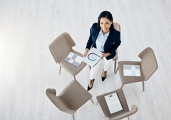 Image showing Business woman, meeting and empty waiting room with documents on chair above in team appointment at office. Top view of female person or employee with paperwork in hiring or social group at workplace