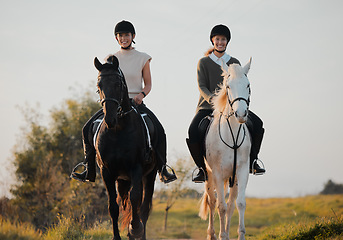 Image showing Horse ride, woman friends and countryside portrait with animal, calm and freedom on holiday and travel. Equestrian, people and field trip with pet in nature on vacation with rider outdoor on ranch