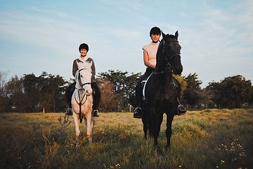 Image showing Horse ride, friends and countryside with animal, sunset and freedom on holiday and travel. Equestrian, people and field trip with pet in nature on vacation with rider in a meadow or ranch outdoor