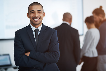 Image showing Happy, business man and arms crossed portrait in a corporate board room with professional worker. Success, company and African male manager at a office workplace with smile and startup vision