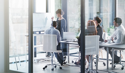 Image showing Woman, monitor or business people in presentation for sales report, vision or data analysis in mentorship. Teaching, leadership or manager planning strategy on screen in group training or meeting