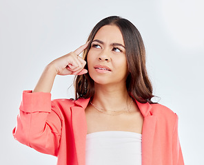 Image showing Thinking, face and business woman confused over corporate plan, problem solving solution or strategy ideas. Doubt, studio and professional person uncertain about decision choice on white background