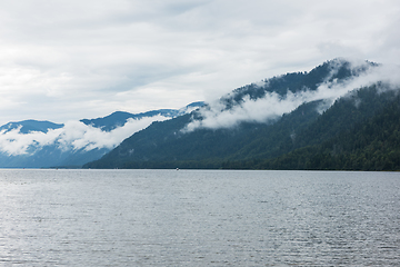 Image showing Foggy Teletskoye lake in Altai mountains