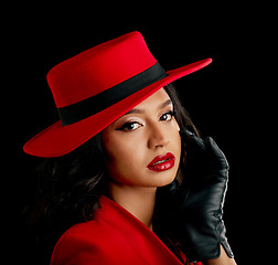 Image showing Woman, retro spy and glamour portrait in studio with vintage fashion and cosplay agent. Young female person, black background and luxury style with cosmetics, 1920s clothes and model with confidence