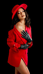 Image showing Woman, retro fashion and glamour portrait in studio with vintage style and cosplay agent. Young female person, black background and luxury outfit with cosmetics, clothes and model with confidence