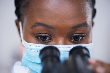 Image showing Mask, microscope or black woman scientist in laboratory for research, analysis or experiment innovation. Healthcare, investigation or biologist with lab equipment for future development or results