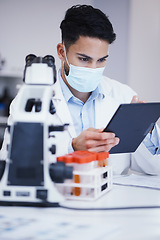 Image showing Blood test, tablet and scientist man with research analysis, vaccine and healthcare, face mask and laboratory data. Medical, science doctor or person with digital technology for covid or dna results