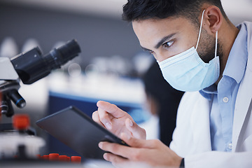 Image showing Scientist man, tablet and microscope analysis for dna, pharmaceutical company and virus in laboratory. Guy, medical research and digital touchscreen for data, info and pharma study for healthcare