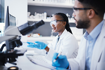 Image showing Scientist man, woman and checklist in laboratory with microscope, pc or analysis for virus dna at pharma job. Teamwork, medical research and digital touchscreen for data, info and study for wellness