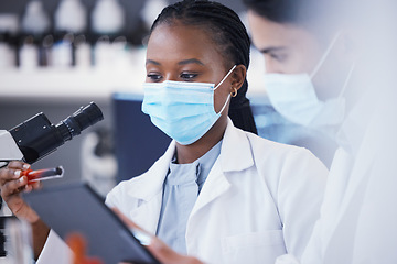 Image showing Blood test, tablet and scientist people for research analysis, vaccine or healthcare, face mask and laboratory. Medical data, science team or students on digital tech for covid results or dna in tube