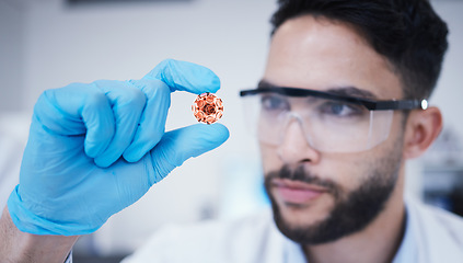 Image showing Man, studying or scientist with bacteria for research analysis, healthcare breakthrough or future innovation. Hand, biotechnology or biologist in a laboratory for virus cure or science development