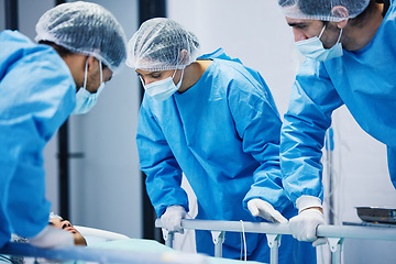 Image showing Mask, surgery and team of doctors working with patient, person in bed or operation in hospital with healthcare workers. Medicine, collaboration and trust in nurses, surgeon or people in clinic