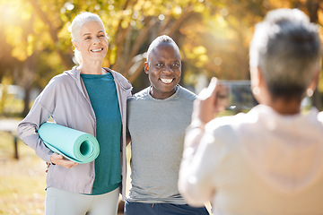 Image showing Fitness, picture and people in a park, memory and training club with yoga, meditation and happiness. Diversity, man and women outdoor, workout goal and photograph with a smile, exercise and moment