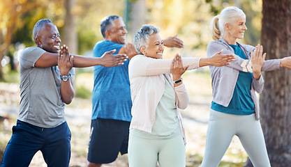 Image showing Fitness, group and senior people stretching before a exercise in an outdoor park or nature. Sports, wellness and elderly friends doing a arm warm up workout before training class together in a garden