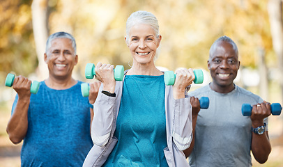 Image showing Weights, fitness and portrait of senior people doing a strength arm exercise in an outdoor park. Sports, wellness and group of elderly friends doing a workout or training class together in nature.