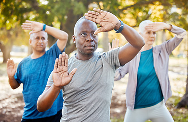 Image showing Fitness, tai chi and senior people in park for healthy body, wellness and active workout outdoors. Yoga, sports and men and women stretching in nature for exercise, training and pilates in retirement