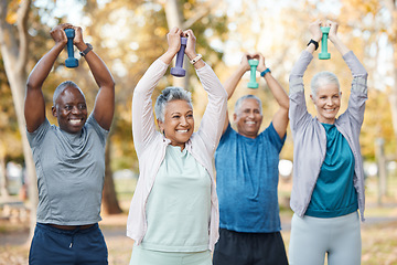 Image showing Fitness, weights and senior people in park for healthy body, wellness and active workout outdoors. Retirement, sports and men and women weightlifting for exercise, training and pilates for wellbeing