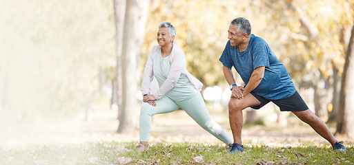 Image showing Fitness, stretching and senior couple in park for healthy body, wellness and active workout outdoors. Retirement, sports and man and woman stretch legs on grass for exercise, training and warm up