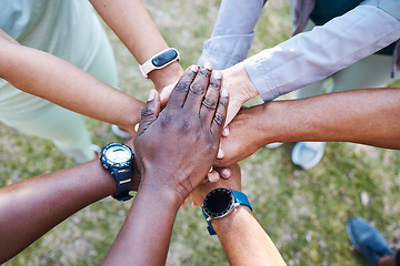Image showing Hands stack, fitness friends and park for training, wellness and health with teamwork, diversity and support. People, solidarity and group for exercise, workout goal or outdoor with synergy in nature