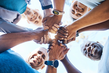 Image showing Holding hands, fitness and group of people in teamwork, collaboration and community, healthcare love and support. Portrait, workout and diversity friends, together sign or hope for wellness below